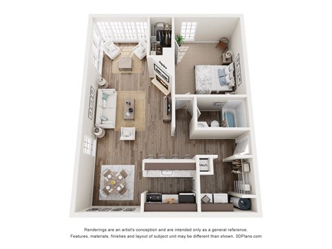 Floor plan for 1 bed, 1 bath, 811 sqft